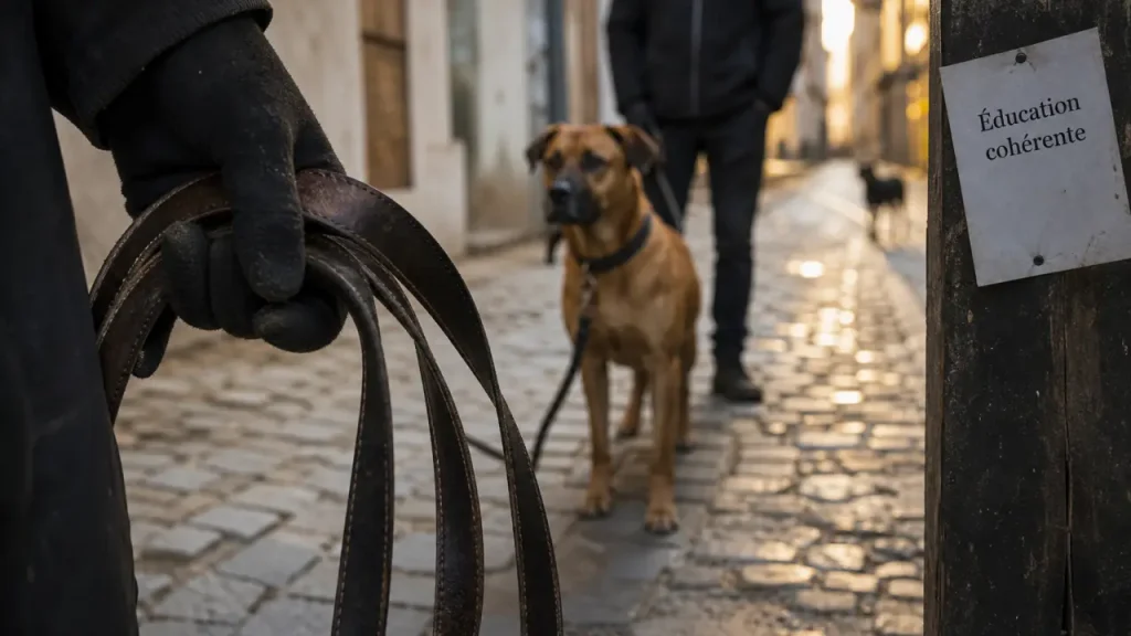 Staff croisé malinois en promenade avec cadre et éducation cohérente