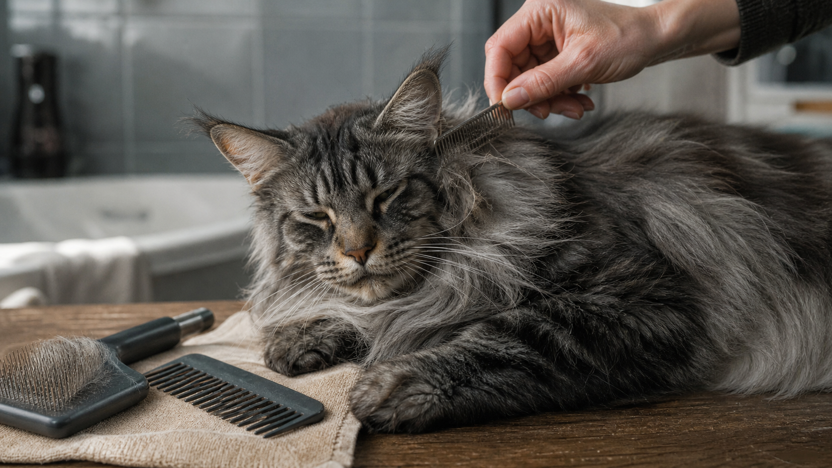 Toilettage maine coon : peigne sur pelage, nœud près de l’oreille