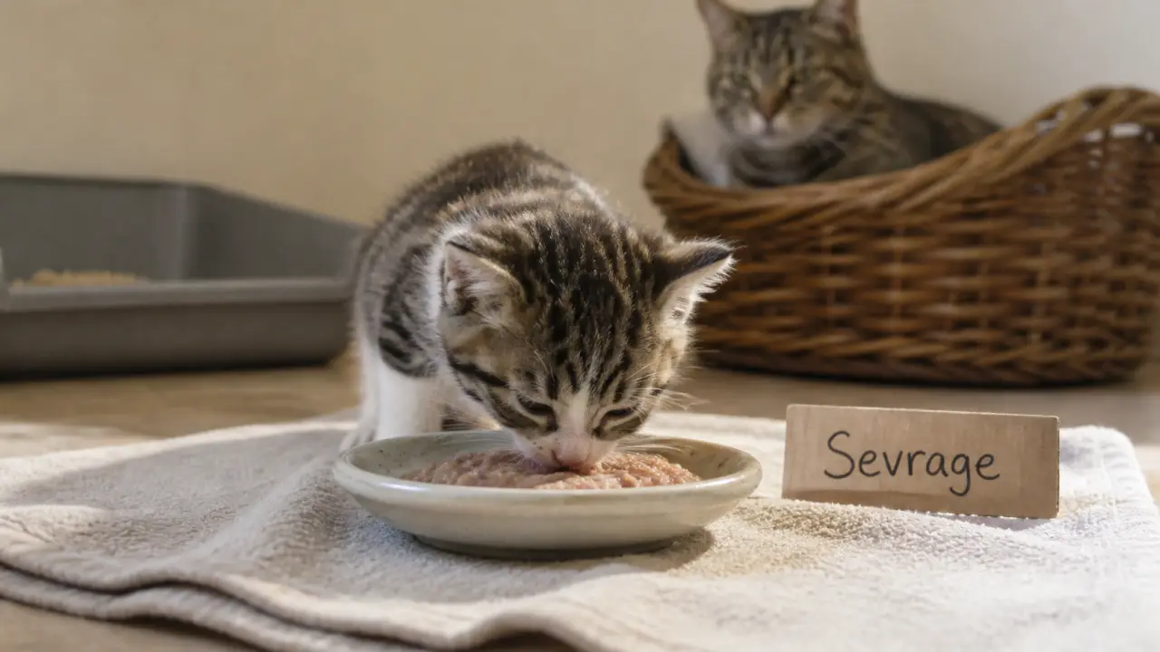 Chaton sevrage : 5 semaines, mange pâtée humidifiée