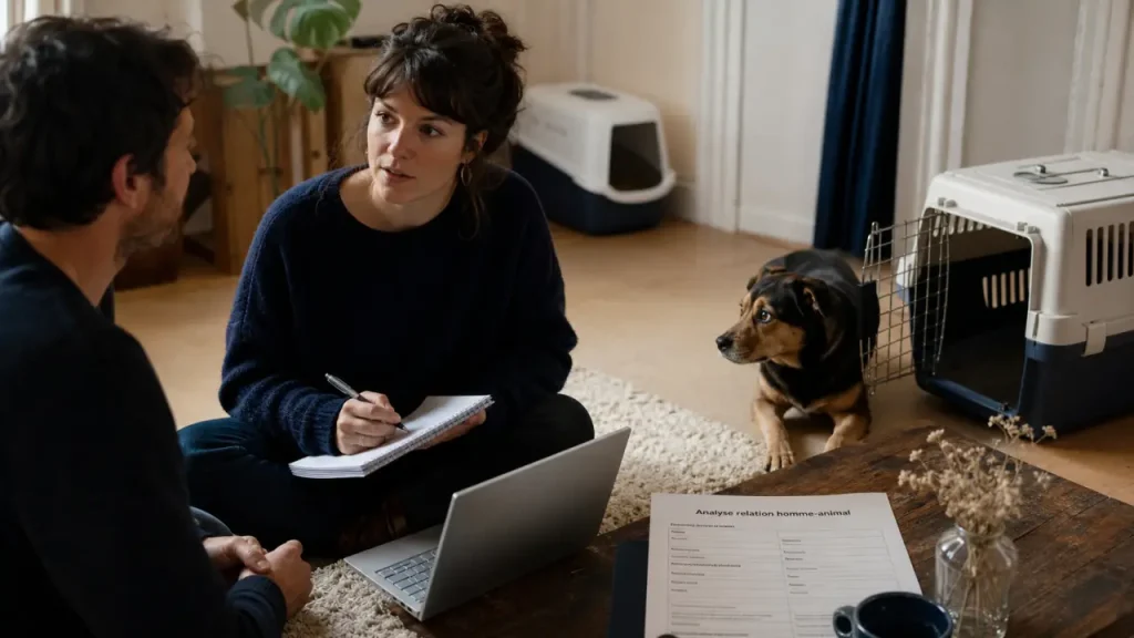 Comportementaliste animalier observant un chien craintif dans un salon, étude du foyer.