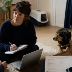Comportementaliste animalier observant un chien craintif dans un salon, étude du foyer.