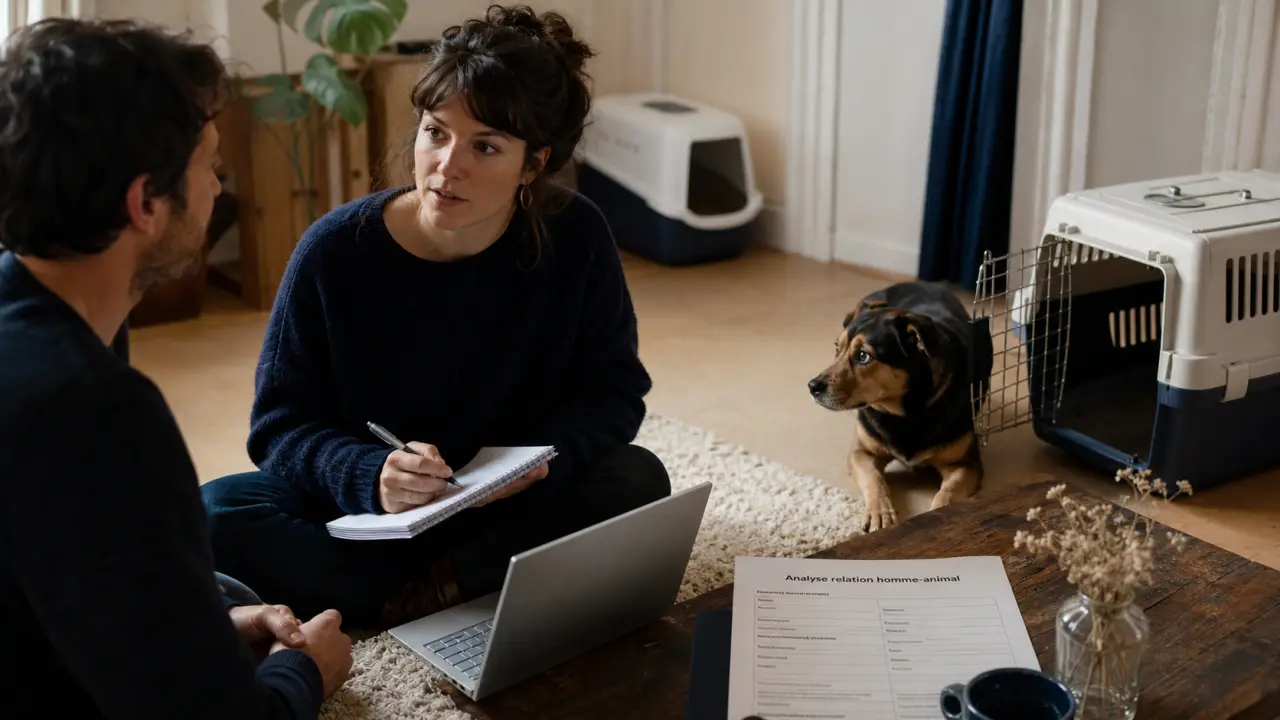 Comportementaliste animalier observant un chien craintif dans un salon, étude du foyer.