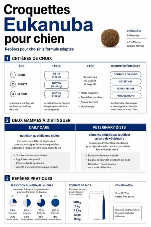 Infographie sur les croquettes Eukanuba pour chien : gammes par âge, taille et besoins spécifiques