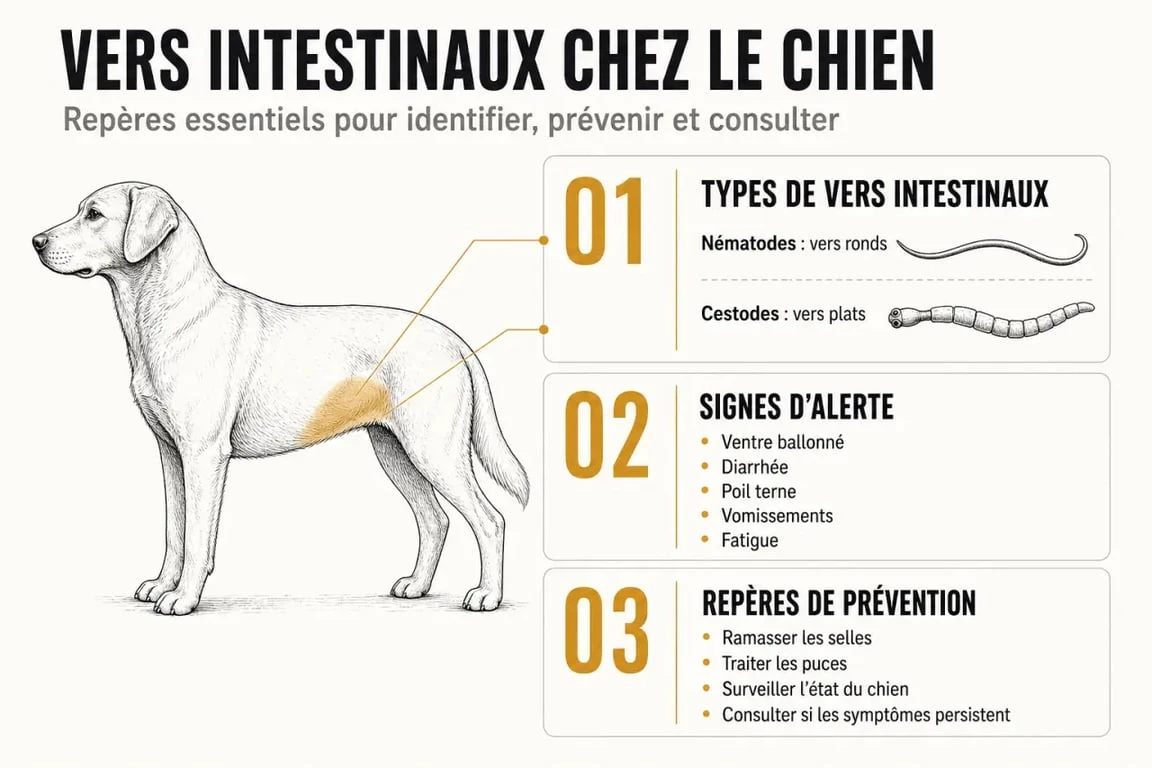 Infographie sur vermifuger chien naturellement : types de vers, signes d’alerte et prévention
