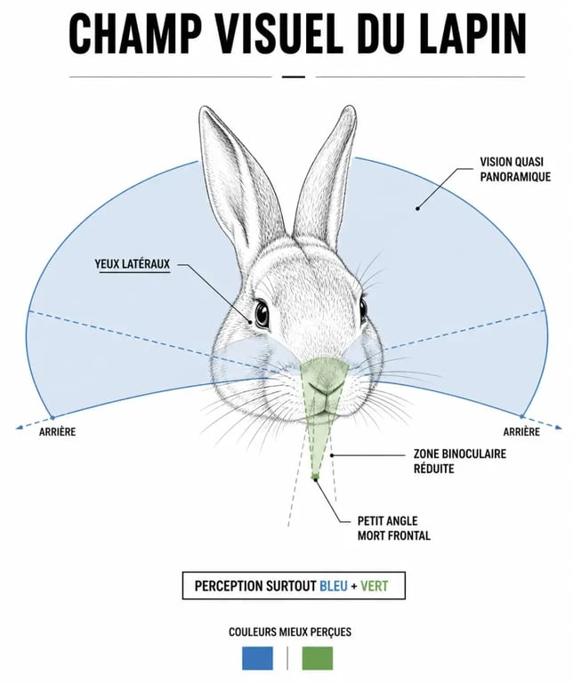 Vision lapin : schéma du champ visuel, angle mort frontal et zone binoculaire