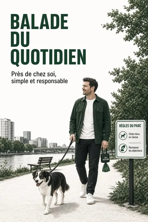 Balade chien autour de moi dans un parc et sur un sentier près de chez soi
