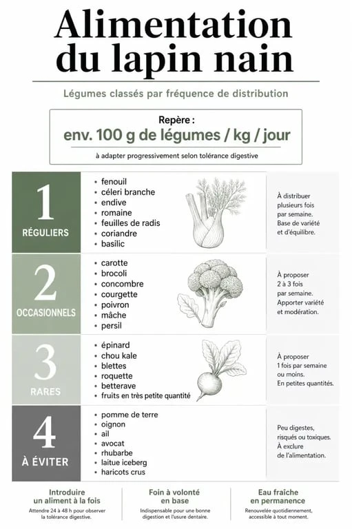 Légume lapin nain : infographie des légumes autorisés, des quantités et des fréquences de distribution