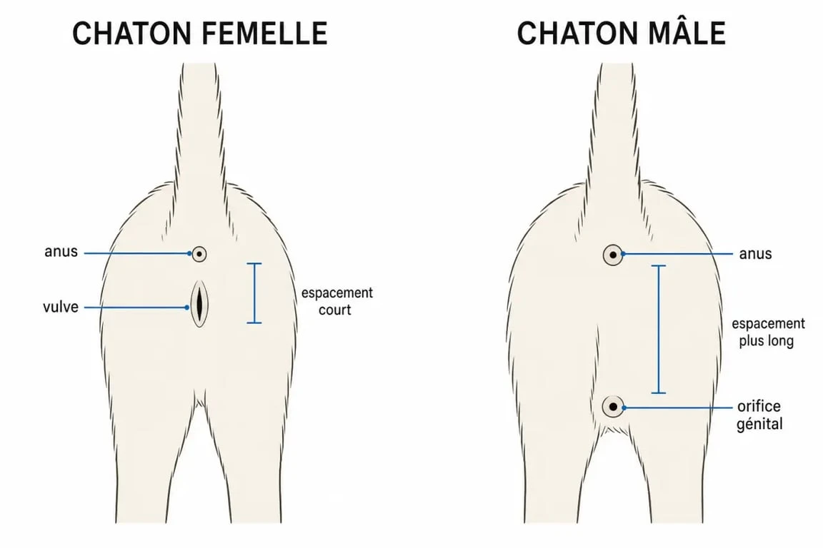 Chaton male ou femelle : schéma comparatif de la zone sous la queue