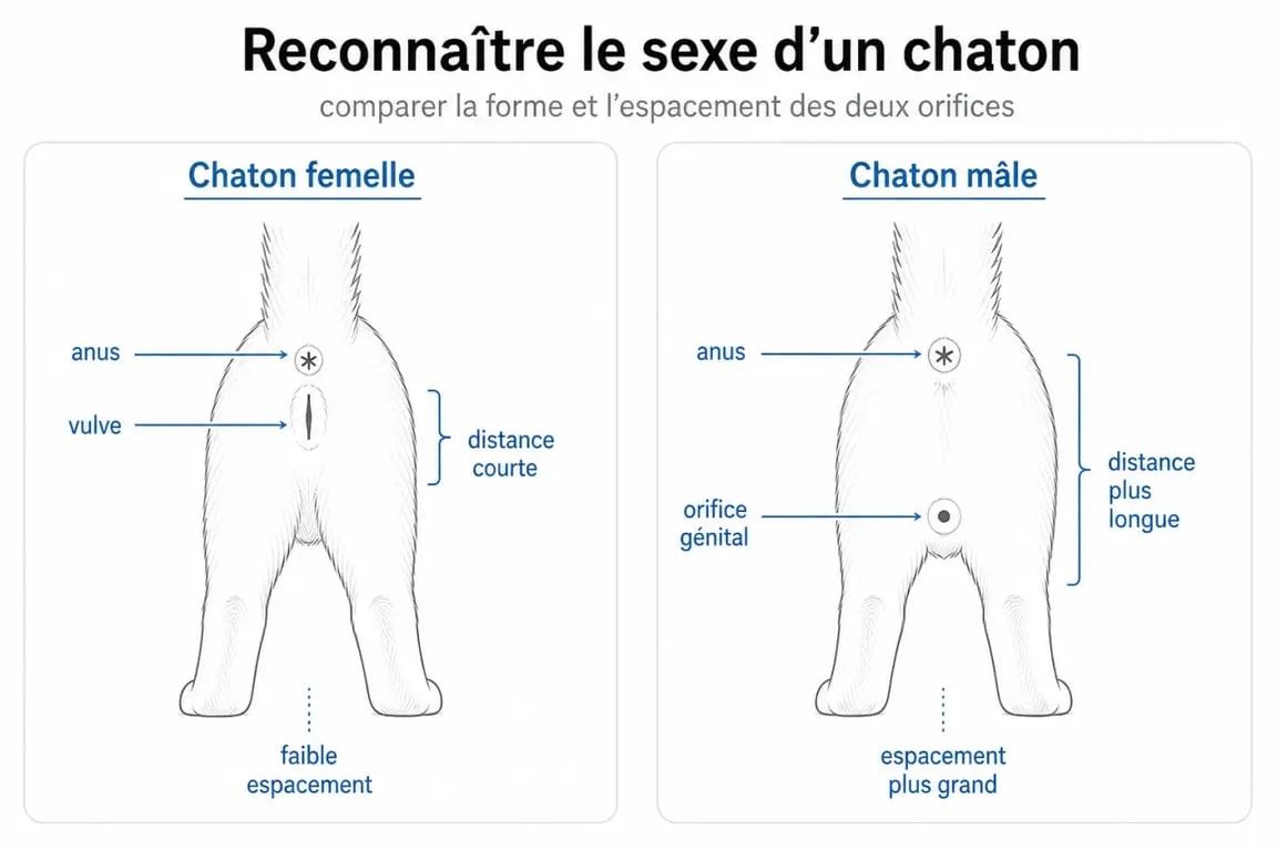 Chaton male ou femelle : schéma comparatif de la zone sous la queue