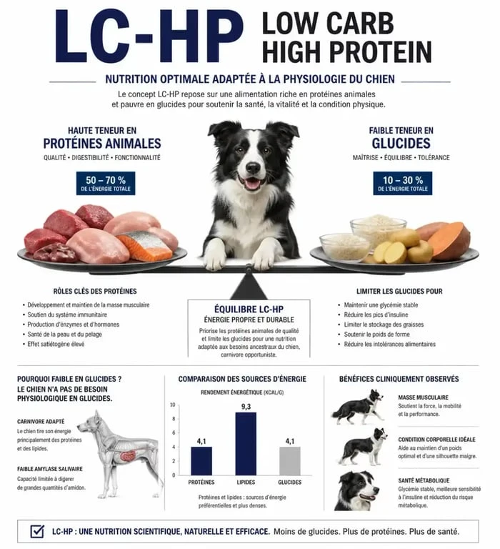 Infographie sur les bienfaits des croquettes Virbac chien avec concept Low Carb High Protein