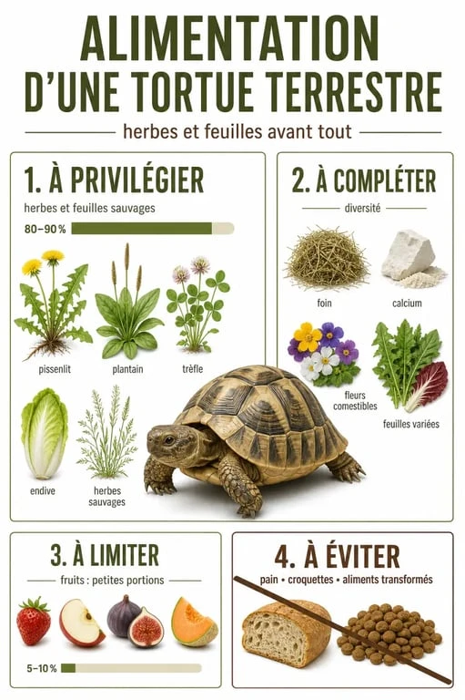 Nourriture des tortues : tableau visuel des aliments à privilégier, à limiter et à éviter