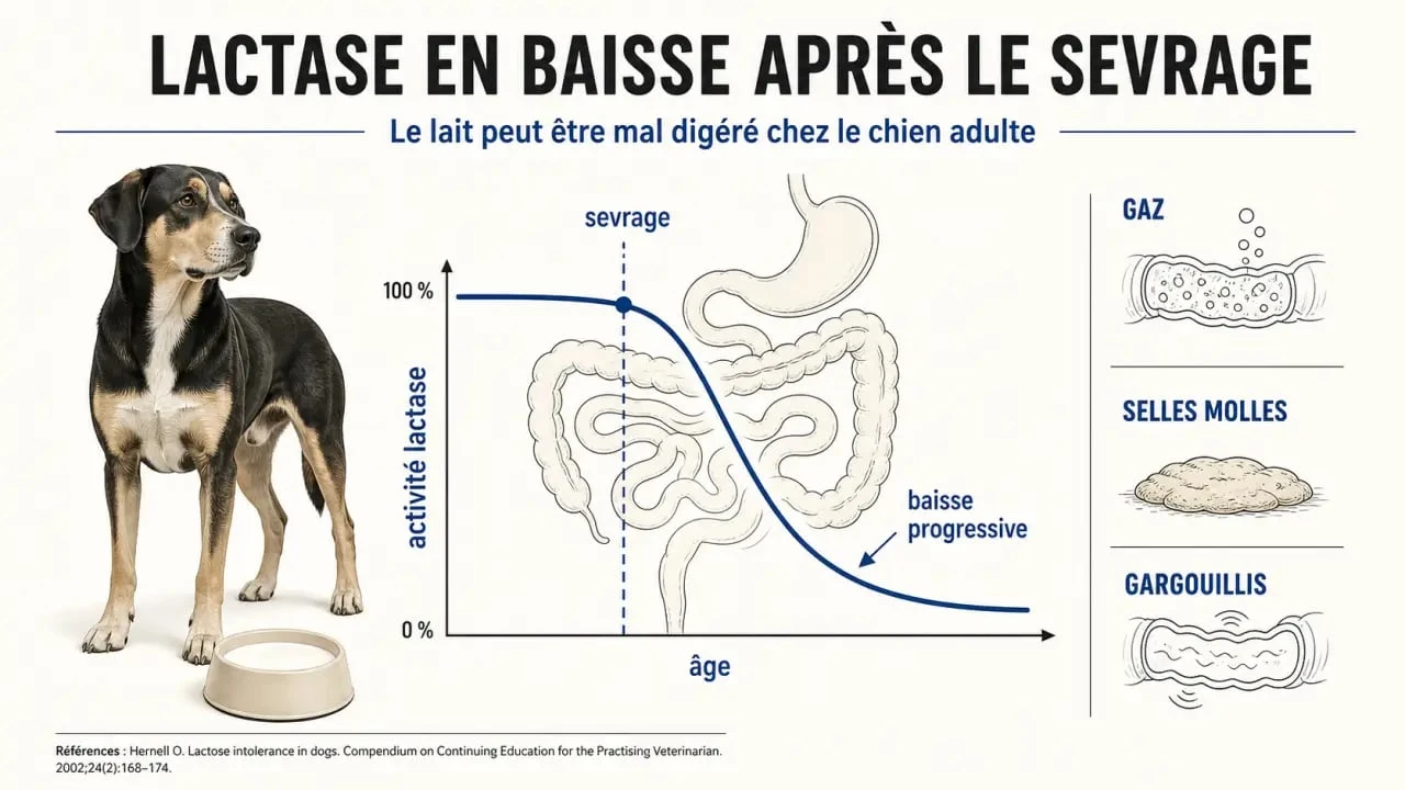 Lait chien : schéma explicatif de la digestion du lactose et des symptômes chez le chien