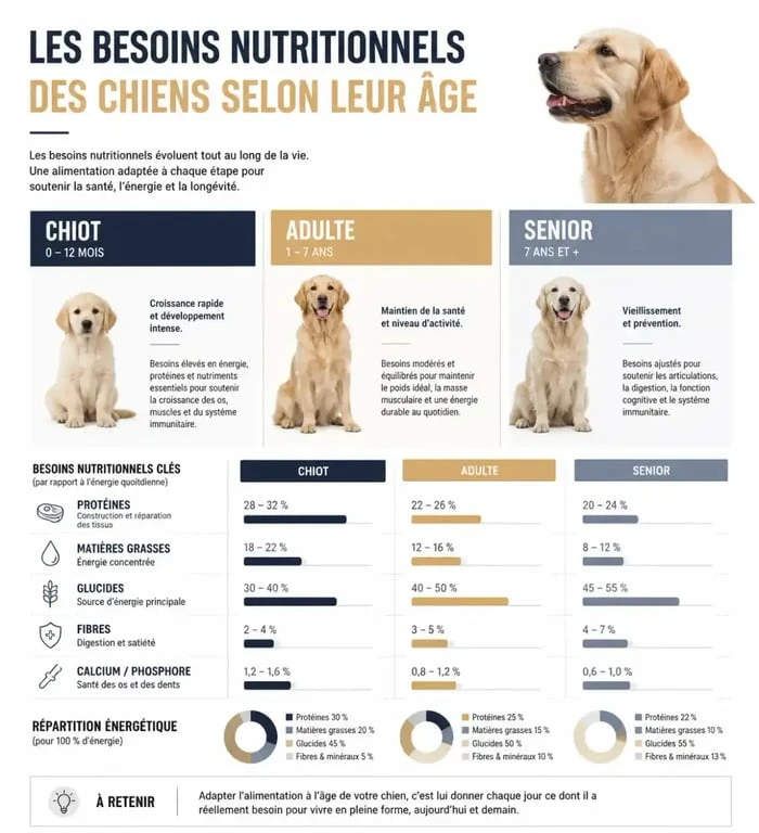 Infographie des besoins nutritionnels des chiens par âge pour les croquettes Purina ONE