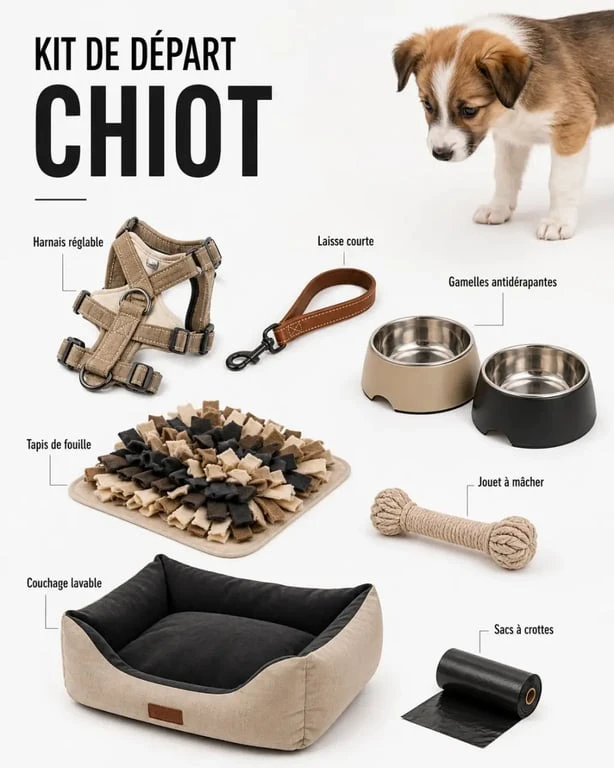 Accessoires pour chiots présentés en kit de départ avec harnais, laisse, gamelles et jouets