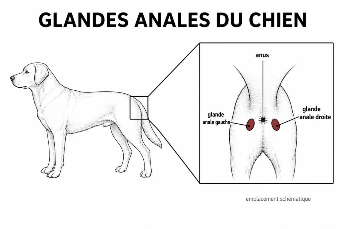 Schéma des glandes anales du chien et de leur emplacement à l’arrière-train