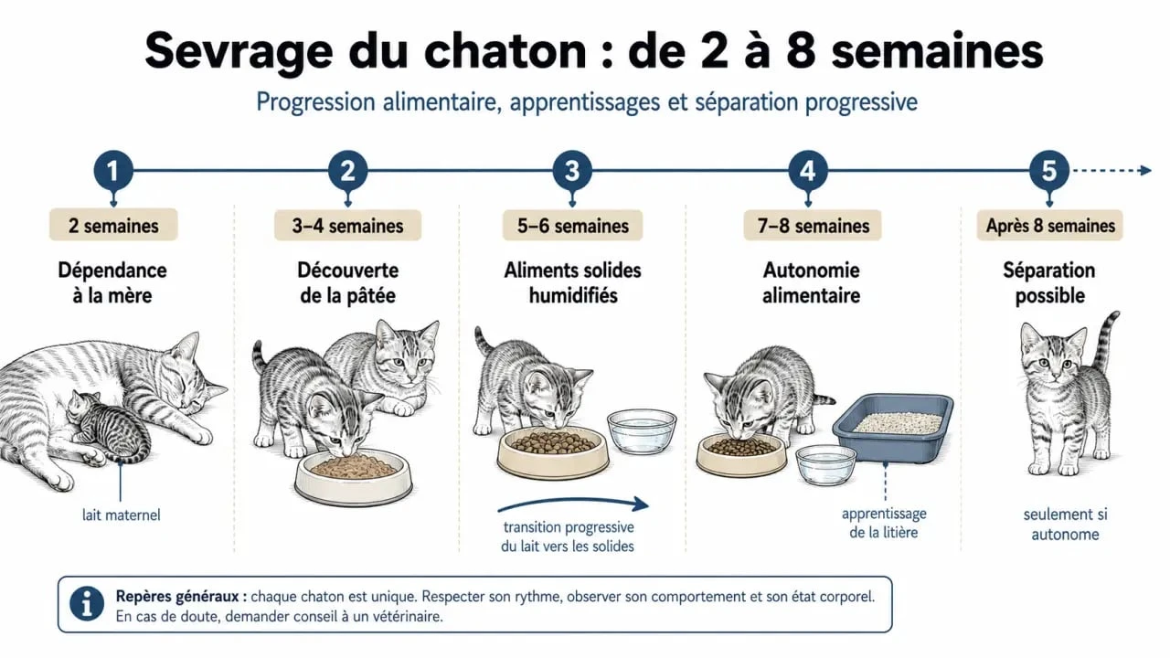 Chaton sevrage : frise chronologique des étapes du sevrage de 2 à 8 semaines