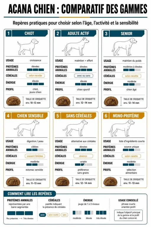 Croquettes Acana pour chien : visuel comparatif des gammes selon l’âge, la sensibilité et le niveau d’activité