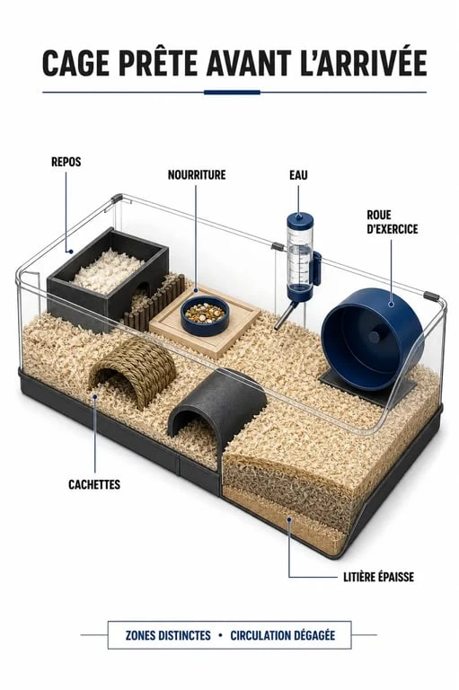 Hamster animalerie : cage bien aménagée avec roue, cachettes, litière épaisse et zone de repos