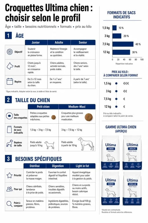 Croquettes ultima pour chien : infographie comparative des gammes selon l’âge, la taille et les besoins