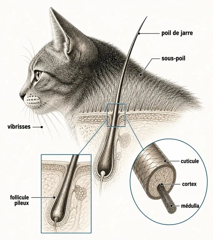 Poil du chat : schéma de la structure du pelage et des couches du poil