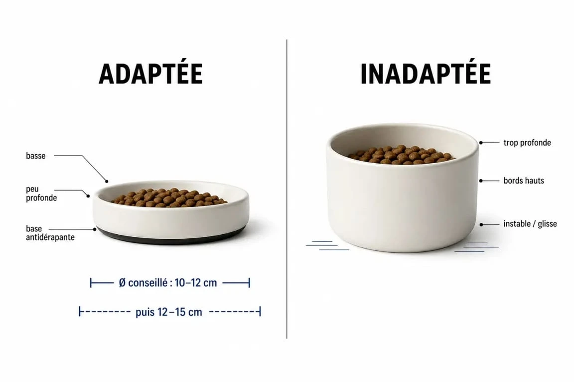 Gamelles chaton adaptées et inadaptées avec repères de taille et de profondeur