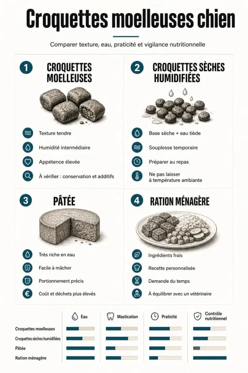 Croquettes moelleuses chien : comparaison visuelle entre croquettes semi-humides, croquettes humidifiées, pâtée et ration ménagère