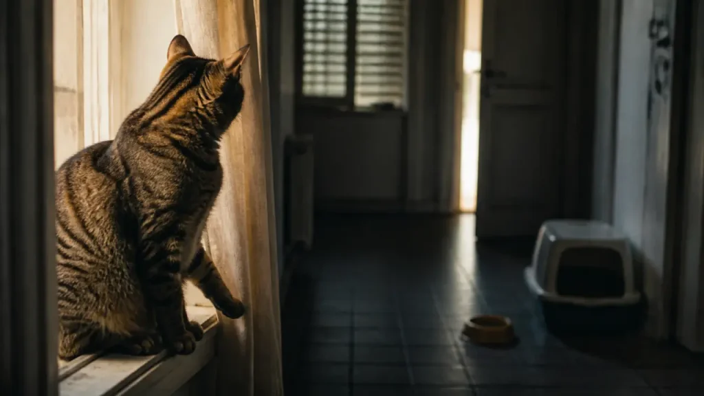 Est ce que les chats ont la notion du temps ? Chat sur rebord de fenêtre, absence et routines