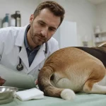 Vétérinaire examine une glande anale chien, arrière-train sur table d’examen