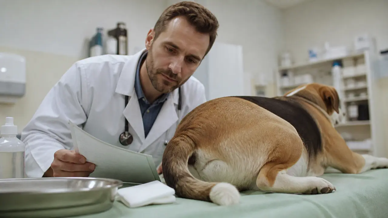 Vétérinaire examine une glande anale chien, arrière-train sur table d’examen