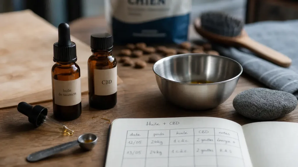 huile de saumon cbd chien : flacons et pipette sur table
