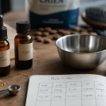 huile de saumon cbd chien : flacons et pipette sur table