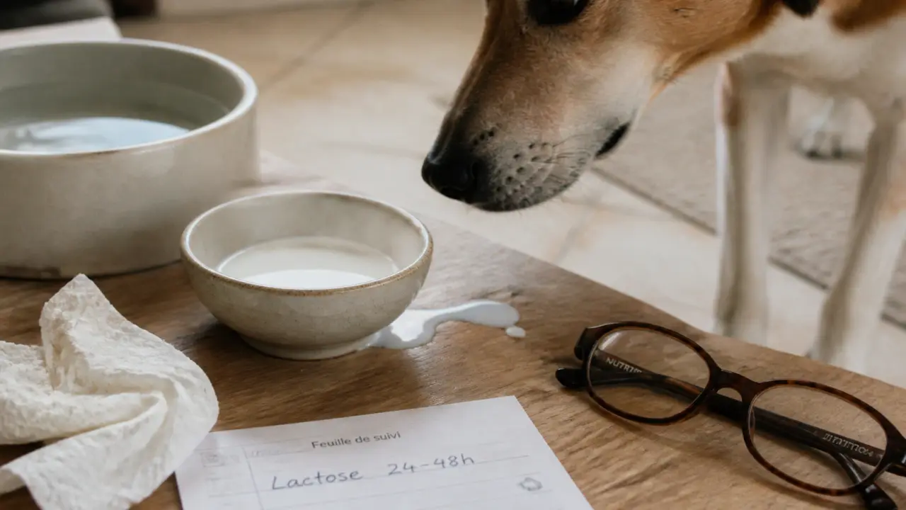 Lait chien renversé dans un bol, chien adulte qui renifle