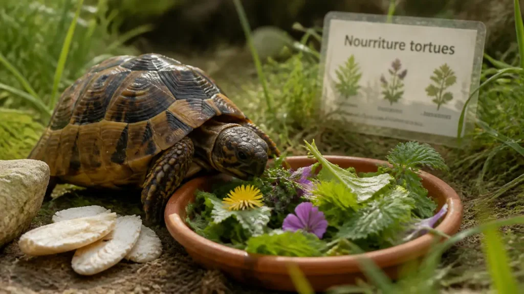 Nourriture des tortues terrestres : feuilles et calcium pour tortue d’Hermann