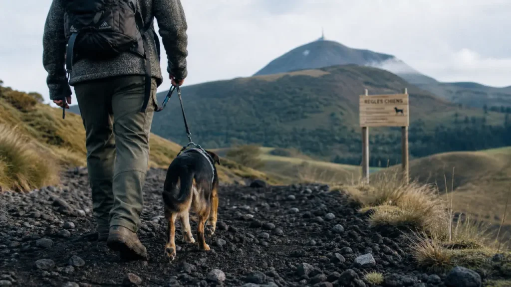 Randonnée Auvergne avec chien sur sentier volcanique