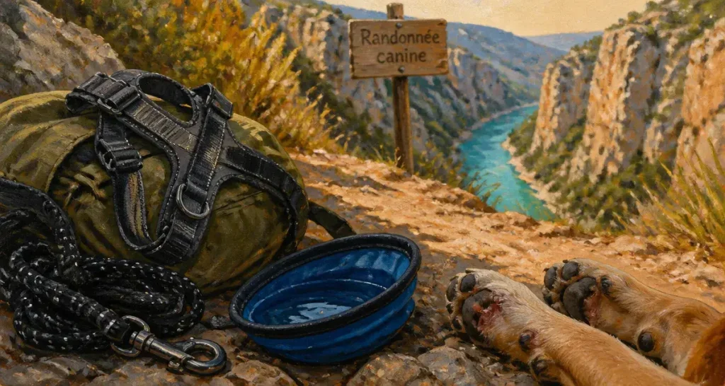 Randonnée gorges du Verdon avec chien : harnais et laisse sur un sac, eau et gamelle pliable