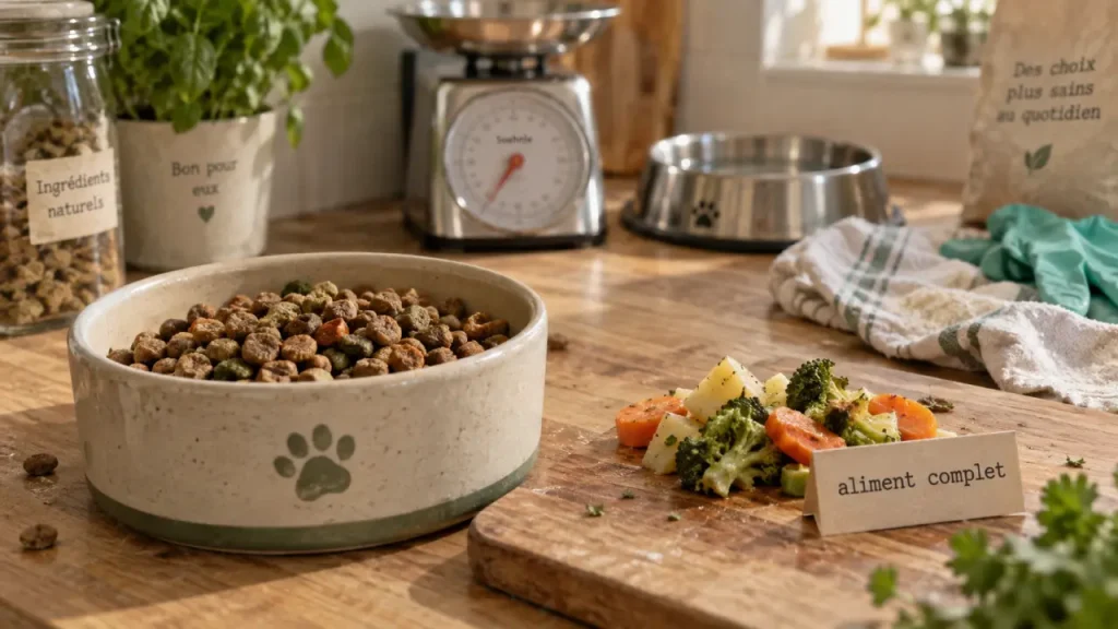Chien alimentation naturelle : croquettes et légumes