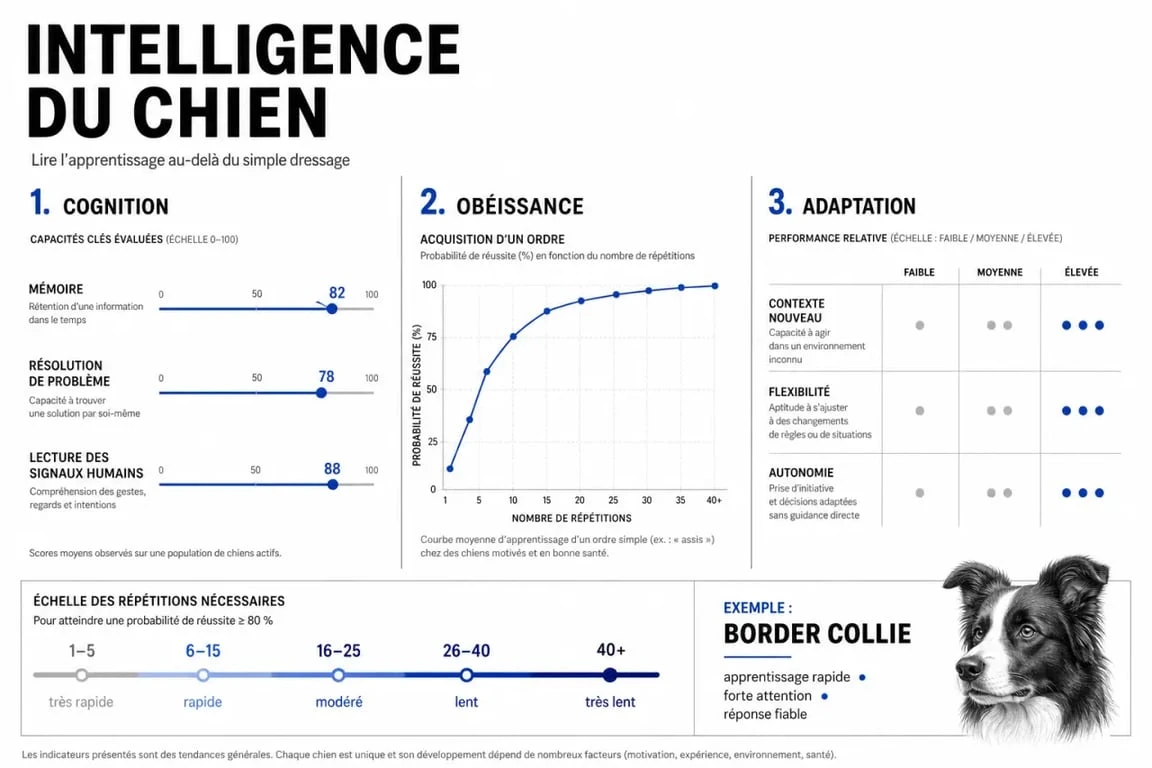 Infographie sur l’intelligence chien, les types d’intelligence canine et les paliers d’apprentissage