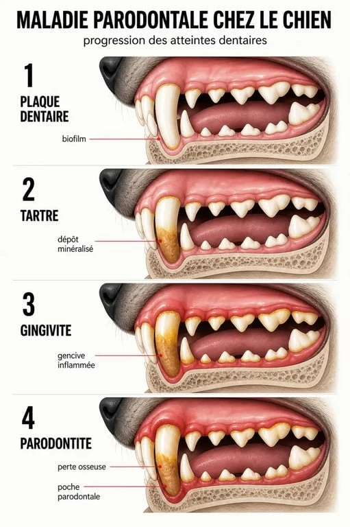 Détartrage dent chien : schéma des stades plaque, tartre, gingivite et parodontite