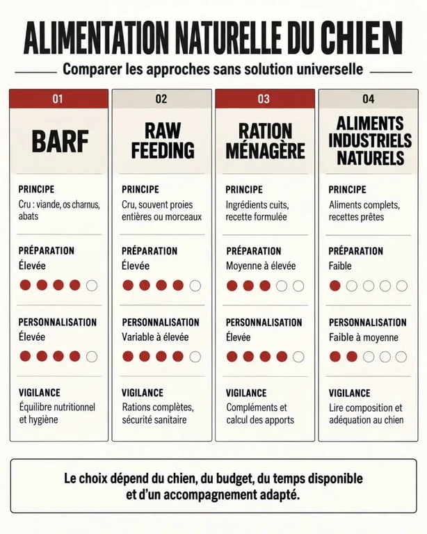Infographie comparative des différentes formes d’alimentation naturelle pour chien