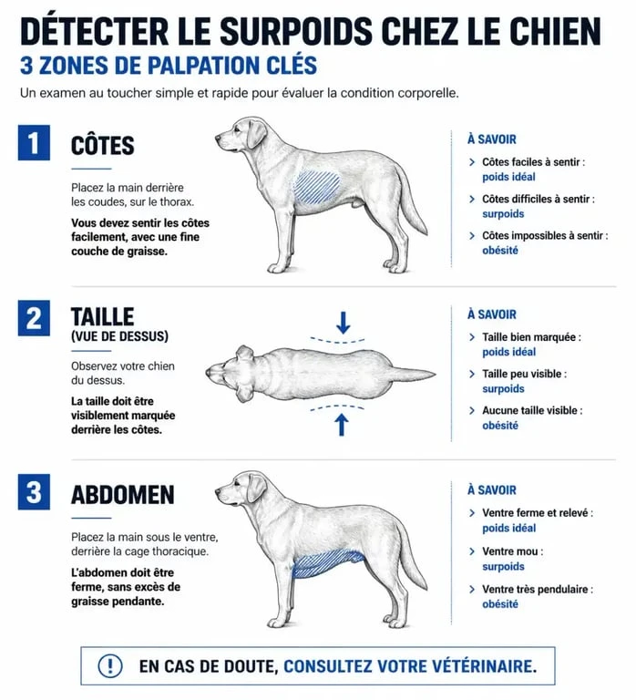 Infographie sur l'identification du surpoids chez le chien stérilisé par la palpation