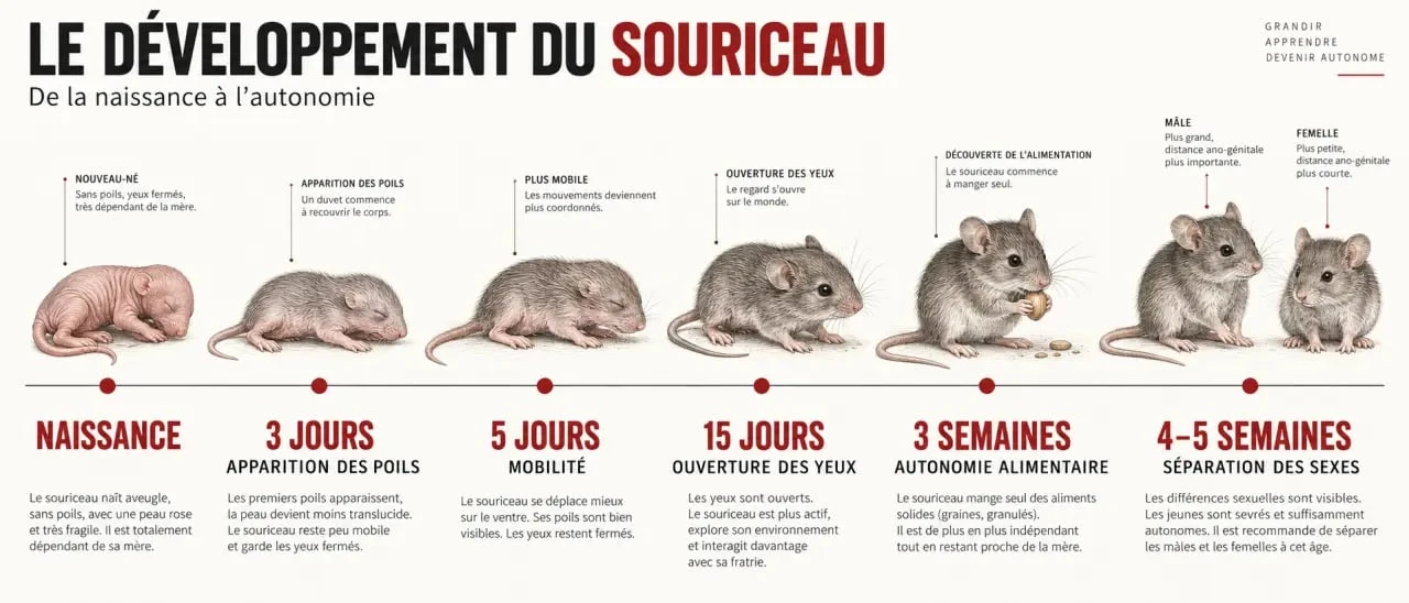 Frise du développement du souriceau illustrant les étapes de la reproduction des souris