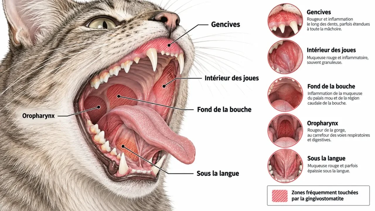 Schéma des zones atteintes par la gingivostomatite chez le chat