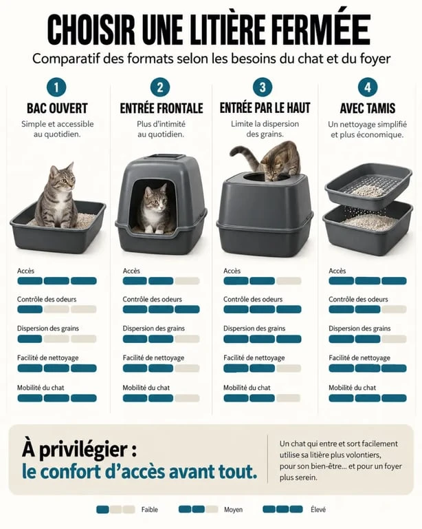 Comparaison des formats de litière fermée chat : entrée frontale, top-entry, bac ouvert et modèle avec tamis