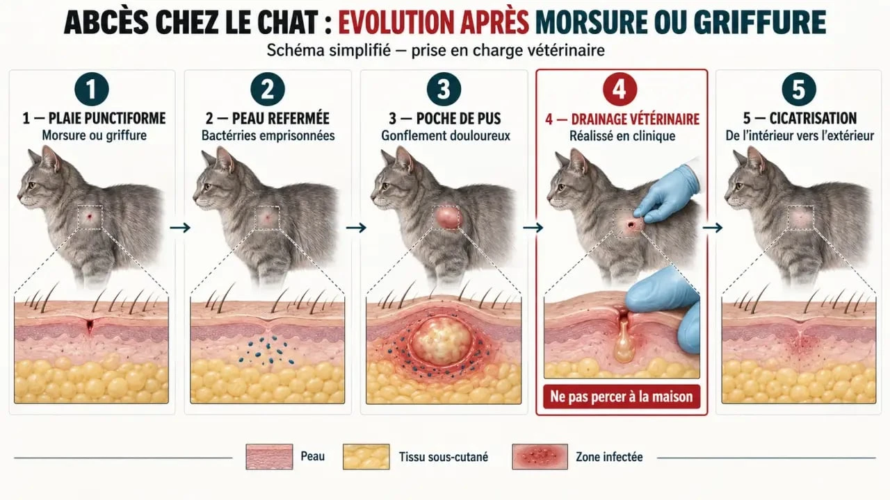 Schéma du processus d’un antibiotique chat abces après morsure, du pus au drainage vétérinaire