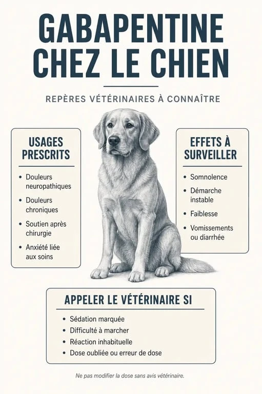 Gabapentine chien : visuel éditorial sur les usages, les effets secondaires et les signes d’alerte