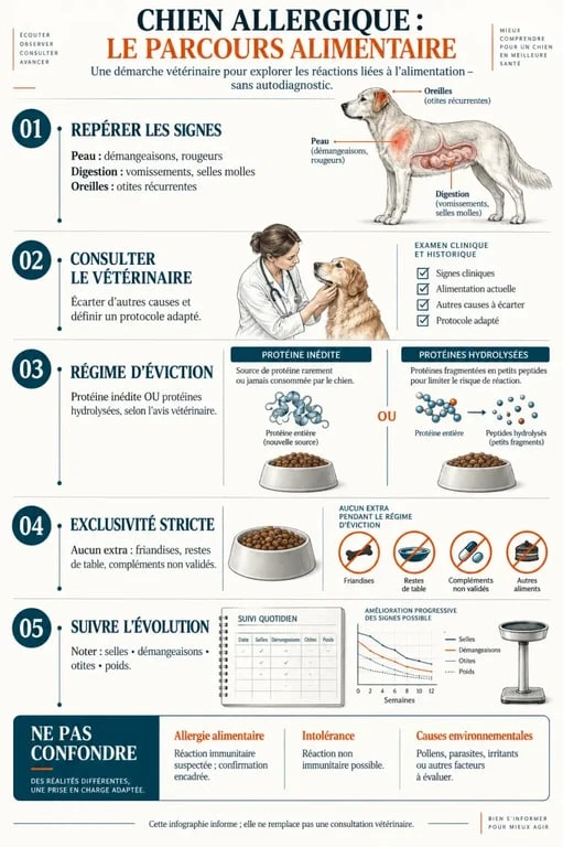 Infographie sur l’alimentation pour chien allergique et le régime d’éviction