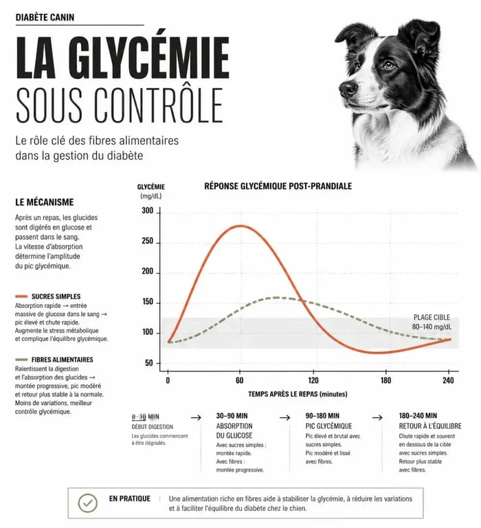 Schéma illustrant l'effet de l'alimentation sur la glycémie d'un chien diabétique