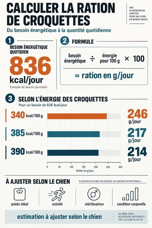Tableau ration croquettes chien : conversion des besoins énergétiques en grammes par jour
