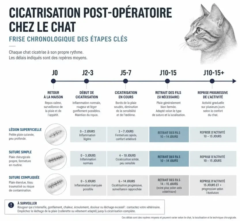 Frise du temps de cicatrisation point de suture chat de J0 au retrait des fils