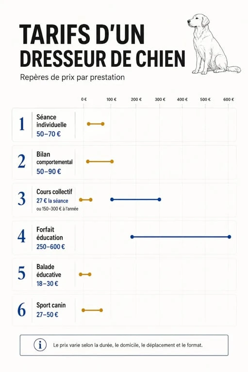 Infographie des tarifs dresseur de chien selon la prestation et le format